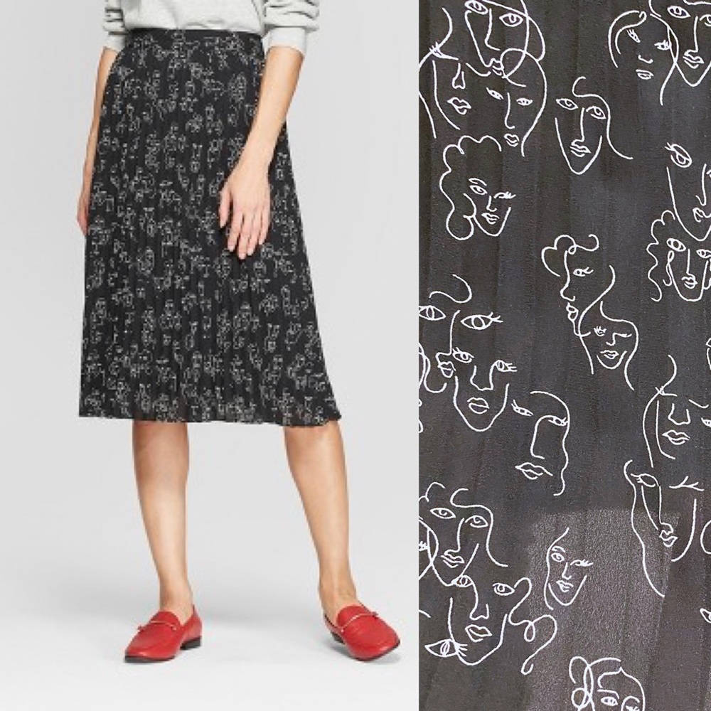 A New Day Abstract Faces Pleated Midi Skirt